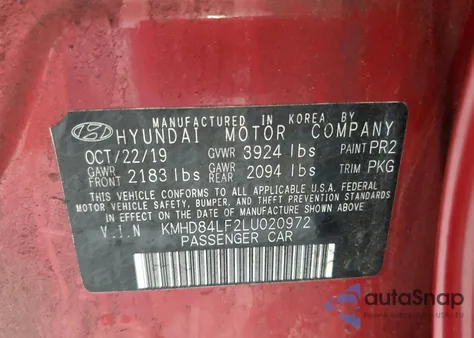 2020 Hyundai Elantra Sel from USA, damaged, VIN KMHD84LF2LU020972